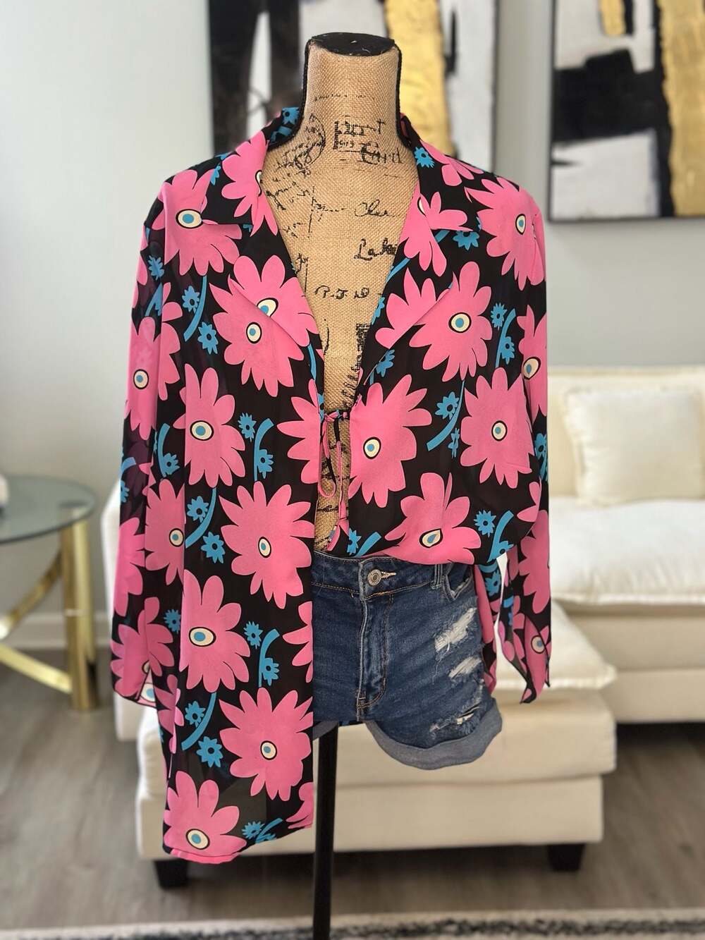 Dress-U By Sharon Pink Floral Long Sleeve Tie-Front Sheer Chiffon Top Size 18 - Picture 1 of 6